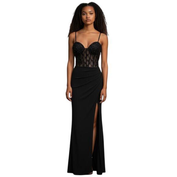 Mac Duggal Ieena Corset Dress Womens Size 2 Black Beaded Formal Evening Gown - Picture 1 of 11